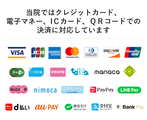 吹田市の江坂整形Rinクリニックではクレジットカード・ICカード・QRコード決済に対応しています